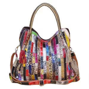 Wholesale Women's Genuine Leather Bag with Bohemian Snake Pattern and Colorful Stripes, Single Shoulder Crossbody Bag