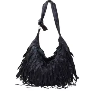 Wholesale Women's Genuine Leather Soft And Casual Black Striped Tassel Personalized Hobo Bag