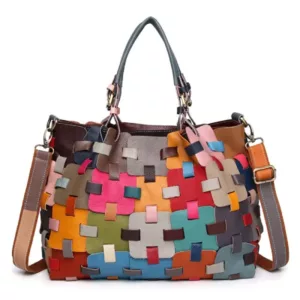 Wholesale Women's Hand-Held Shoulder And Crossbody Bag With Contrast-Color Patchwork Woven Pattern