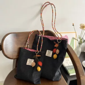 Wholesale American Style Double-Sided Checkered Color Block Denim Canvas Bag | Bag Series Supplier