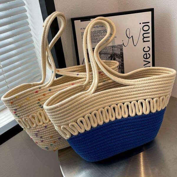 Summer Fashion Hand-Woven Cotton Rope Tote Bag-Blue