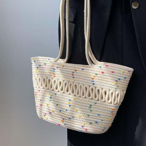 Summer Fashion Hand-Woven Cotton Rope Tote Bag-Colored Dots