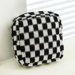 Square-Shaped Soft Woven Checkered Cosmetic Bag