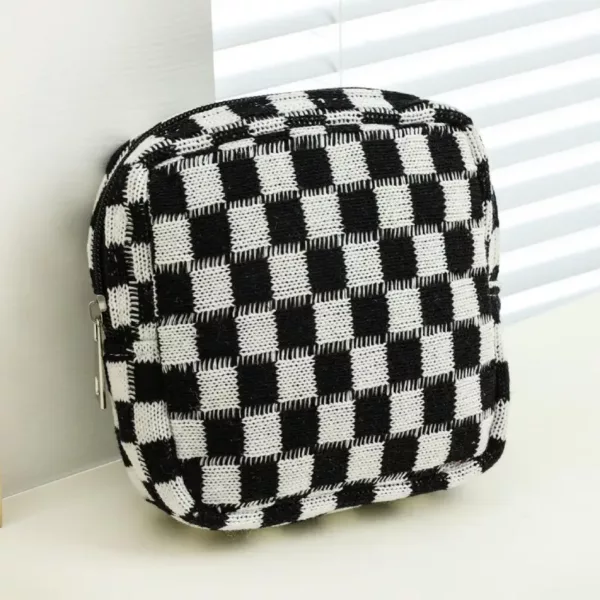 Square-Shaped Soft Woven Checkered Cosmetic Bag